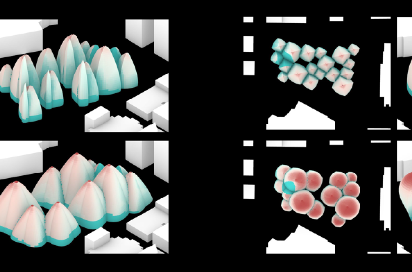 Plan and Axonometric view for heat distribution on four types of aggregations.